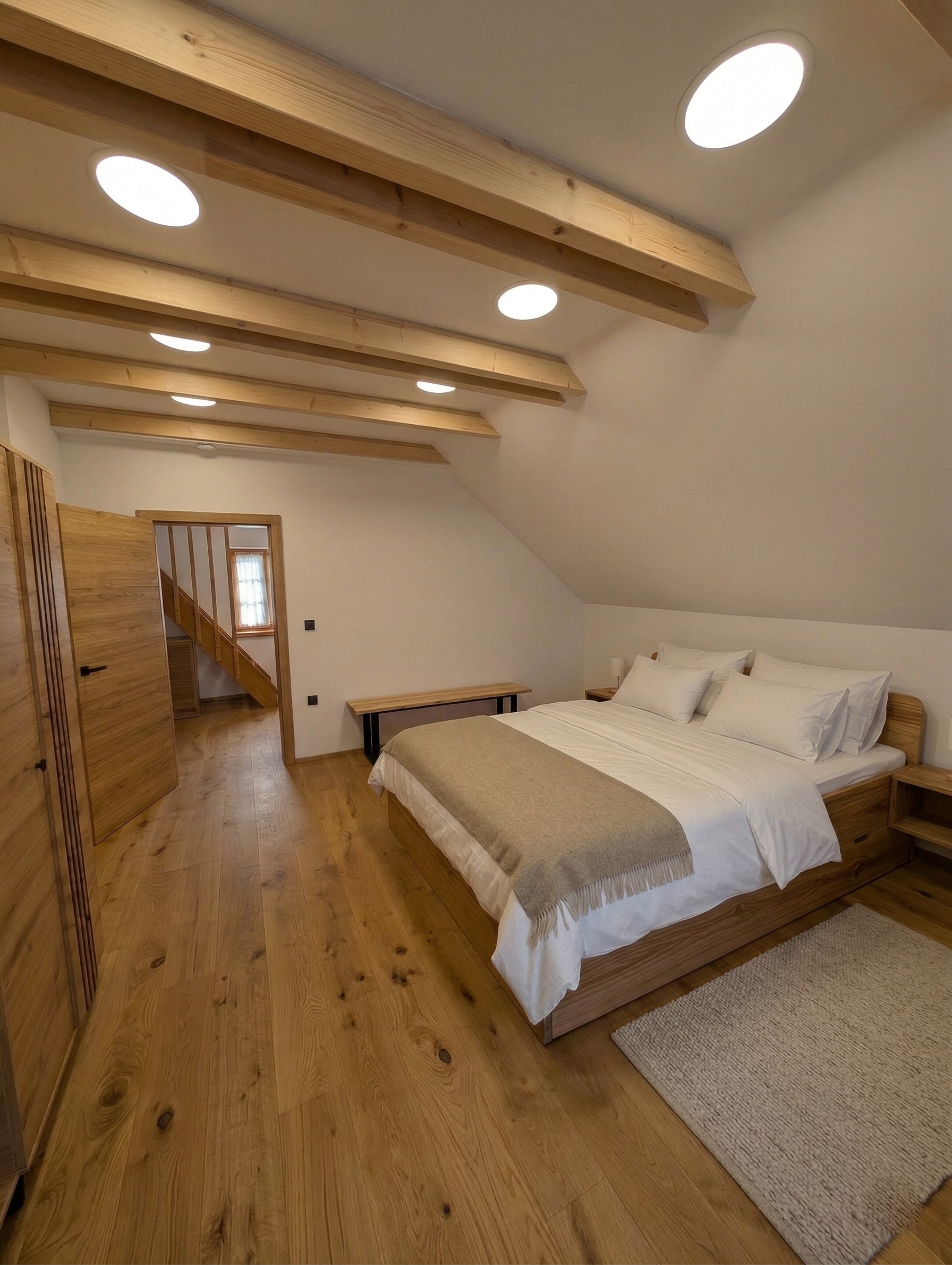 Bedroom with king bed and exposed beams